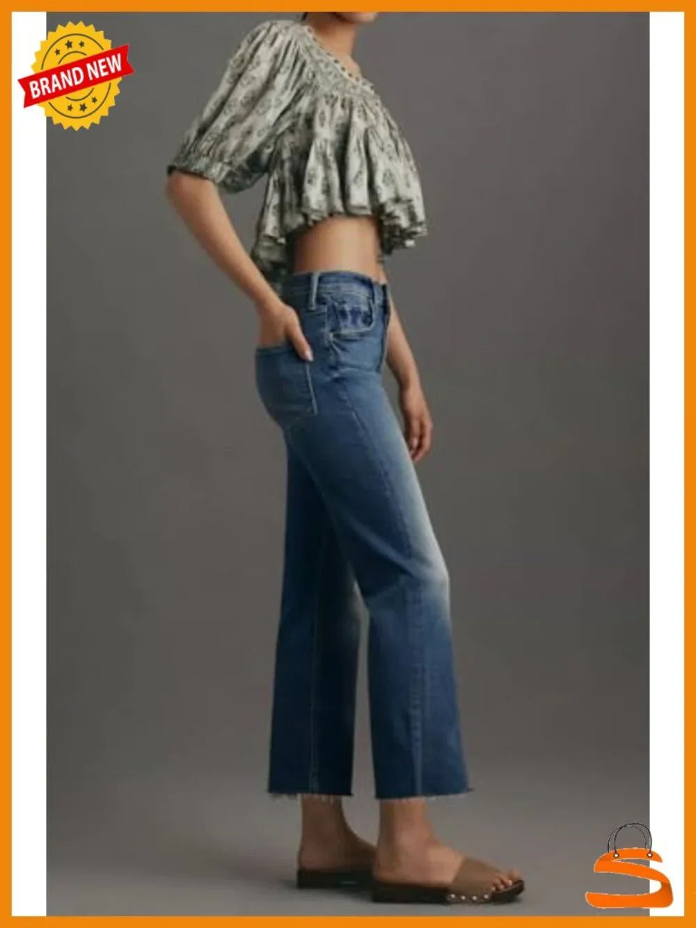 High Rise Straight Leg Cropped Jeans Raw Hem Stretchy Tummy Control Denim